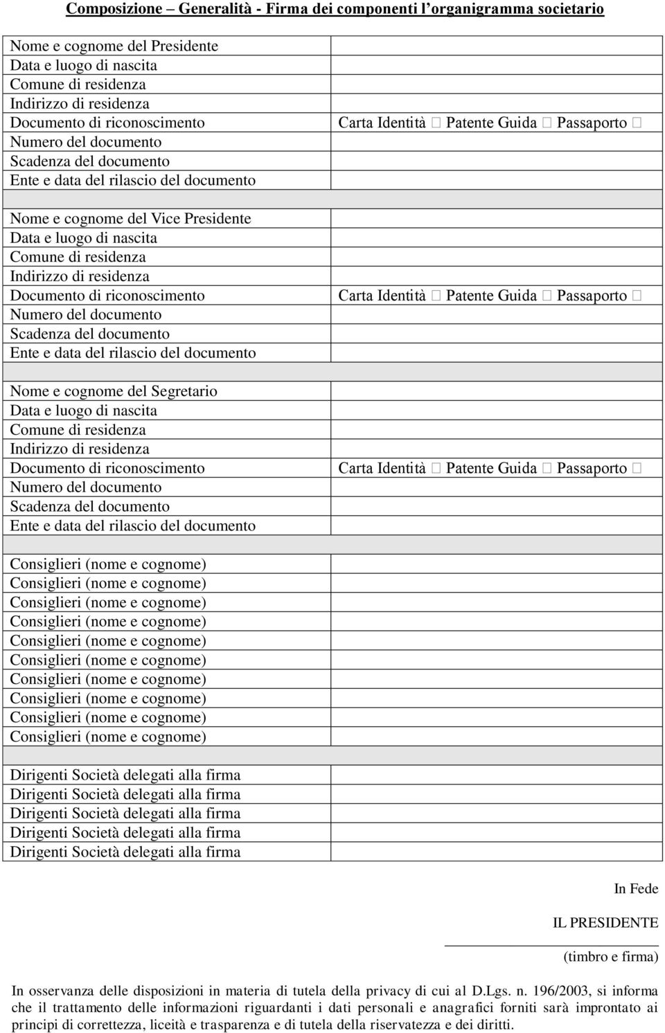 riconoscimento Numero del documento Scadenza del documento Ente e data del rilascio del documento Nome e cognome del Segretario Data e luogo di nascita Comune di residenza Indirizzo di residenza