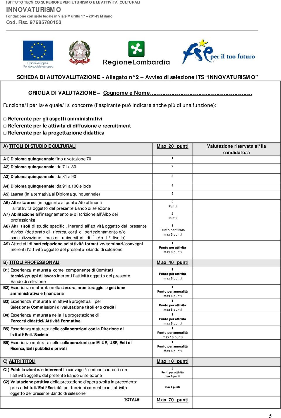 per la progeazione didaca A) TITOLI DI STUDIO E CULTURALI Max 0 punti Valutazione riservata al/lla candidato/a A) Diploma quinquennale fino a votazione 70 A) Diploma quinquennale: da 7 a 80 A3)