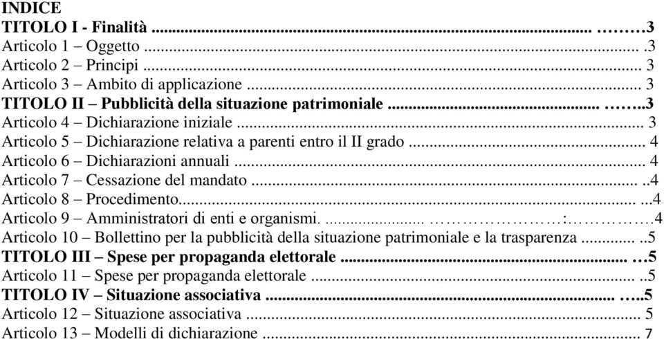 ....4 Articolo 8 Procedimento......4 Articolo 9 Amministratori di enti e organismi.... :.4 Articolo 10 Bollettino per la pubblicità della situazione patrimoniale e la trasparenza.