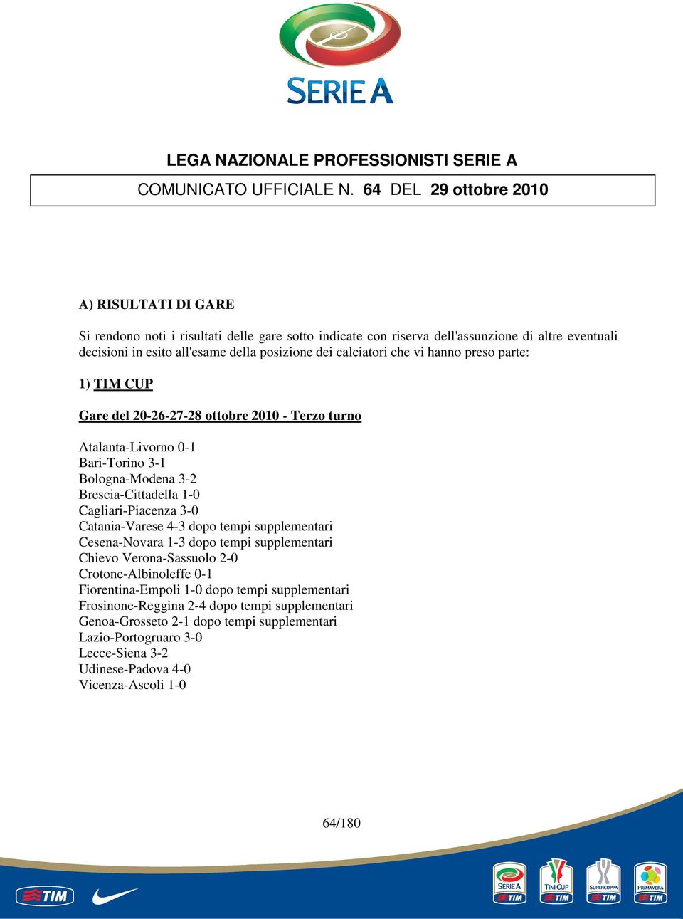 calciatori che vi hanno preso parte: 1) TIM CUP Gare del 20-26-27-28 ottobre 2010 - Terzo turno Atalanta-Livorno 0-1 Bari-Torino 3-1 Bologna-Modena 3-2 Brescia-Cittadella 1-0 Cagliari-Piacenza 3-0