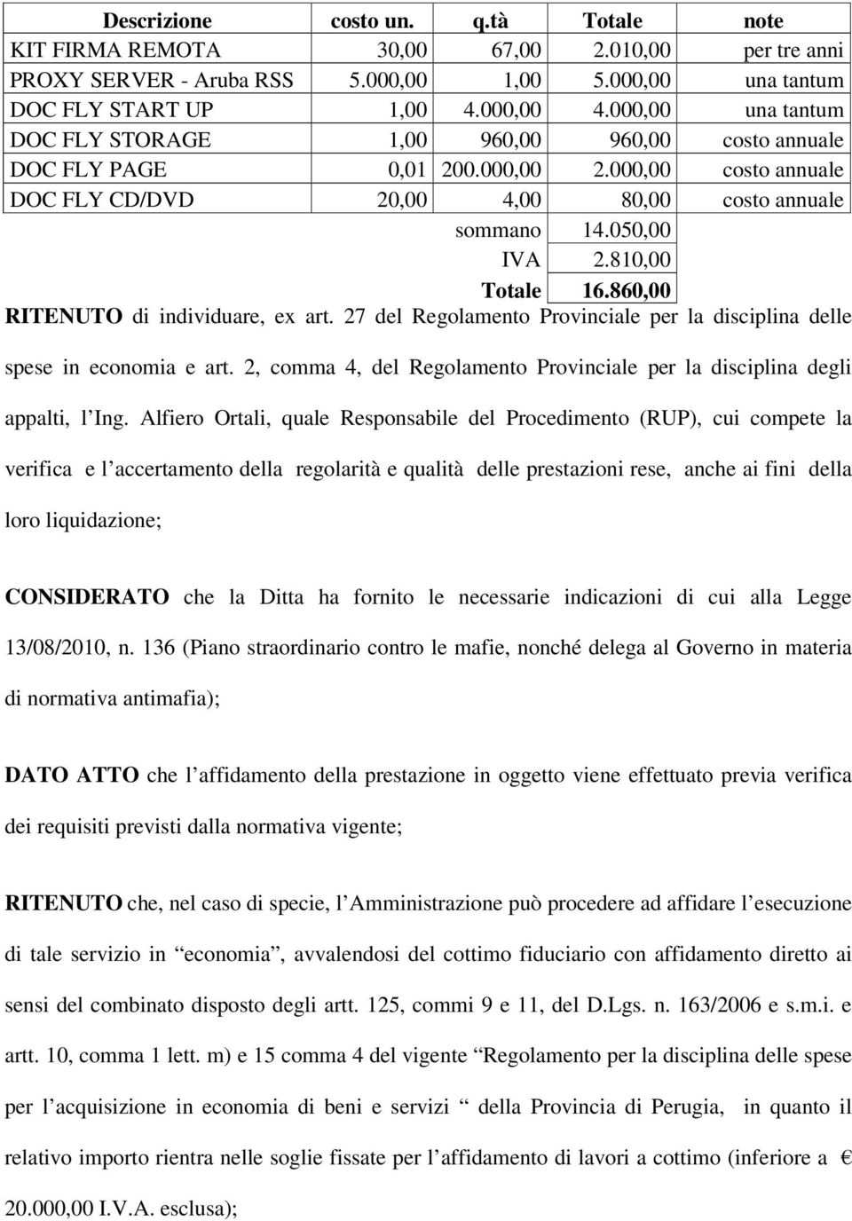 810,00 Totale 16.860,00 RITENUTO di individuare, ex art. 27 del Regolamento Provinciale per la disciplina delle spese in economia e art.