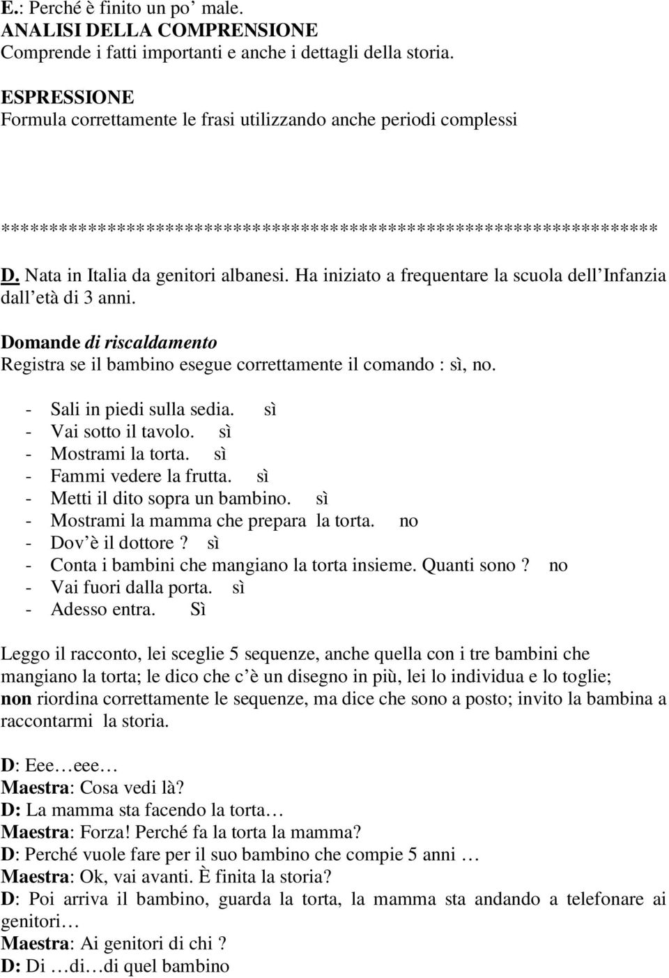 Ha iniziato a frequentare la scuola dell Infanzia dall età di 3 anni. Domande di riscaldamento Registra se il bambino esegue correttamente il comando : sì, no. - Sali in piedi sulla sedia.