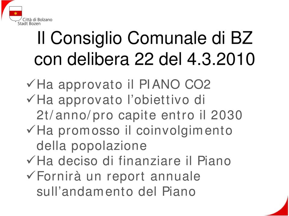 2t/anno/pro capite entro il 2030 Ha promosso il coinvolgimento della