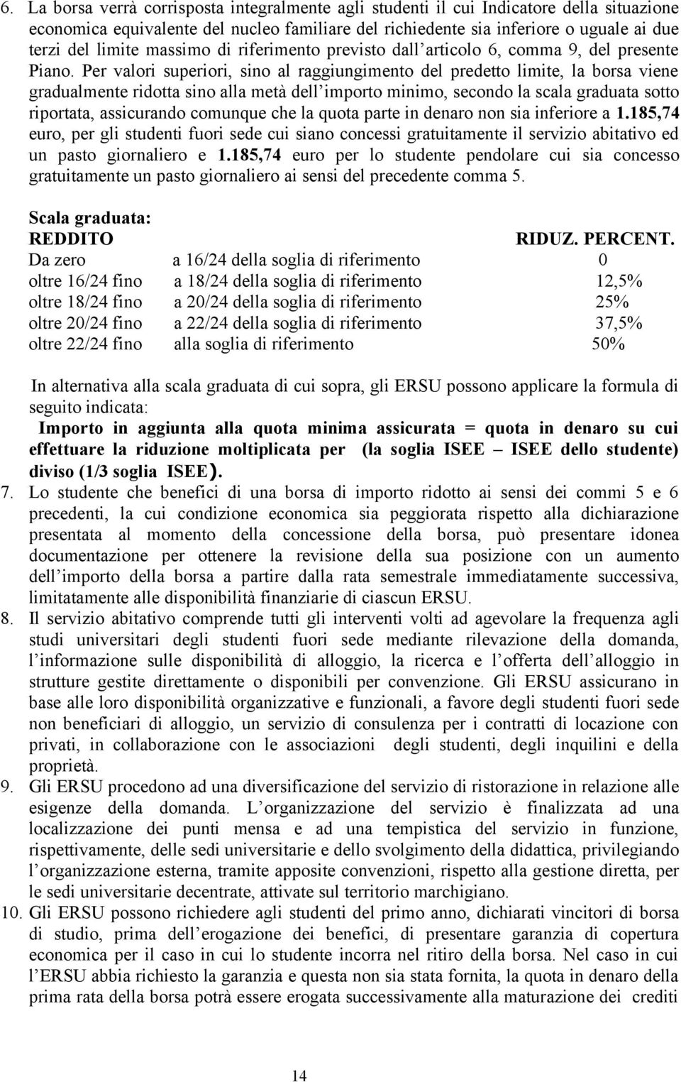 Per valori superiori, sino al raggiungimento del predetto limite, la borsa viene gradualmente ridotta sino alla metà dell importo minimo, secondo la scala graduata sotto riportata, assicurando