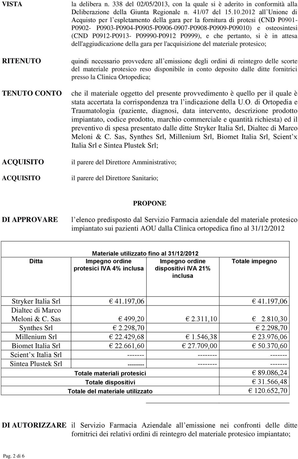 P0999), e che pertanto, si è in attesa dell'aggiudicazione della gara per l'acquisizione del materiale protesico; quindi necessario provvedere all emissione degli ordini di reintegro delle scorte del