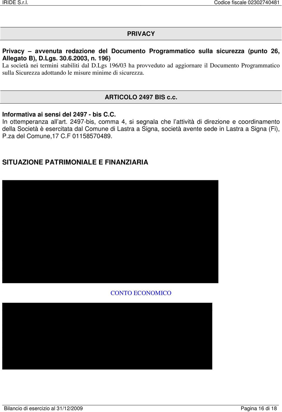 2497-bis, comma 4, si segnala che l attività di direzione e coordinamento della Società è esercitata dal Comune di Lastra a Signa, società avente sede in Lastra a Signa (Fi), P.za del Comune,17 C.