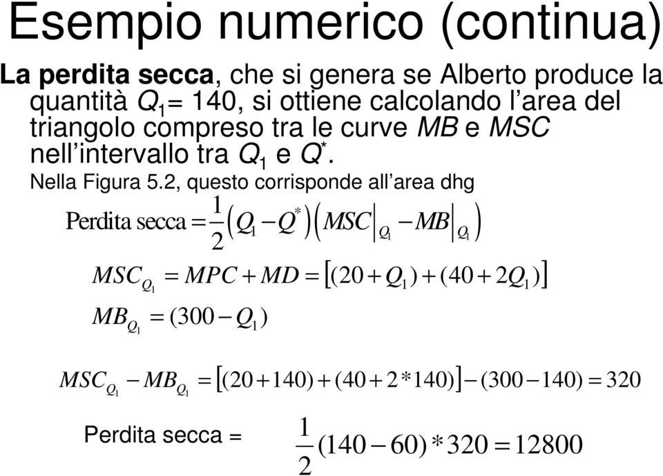 2, questo corrisponde all area dhg 1 ( * Perdita secca = Q )( ) 1 Q MSC Q MB 1 Q1 2 MSC = MPC + MD = (20 + Q ) + (40 +