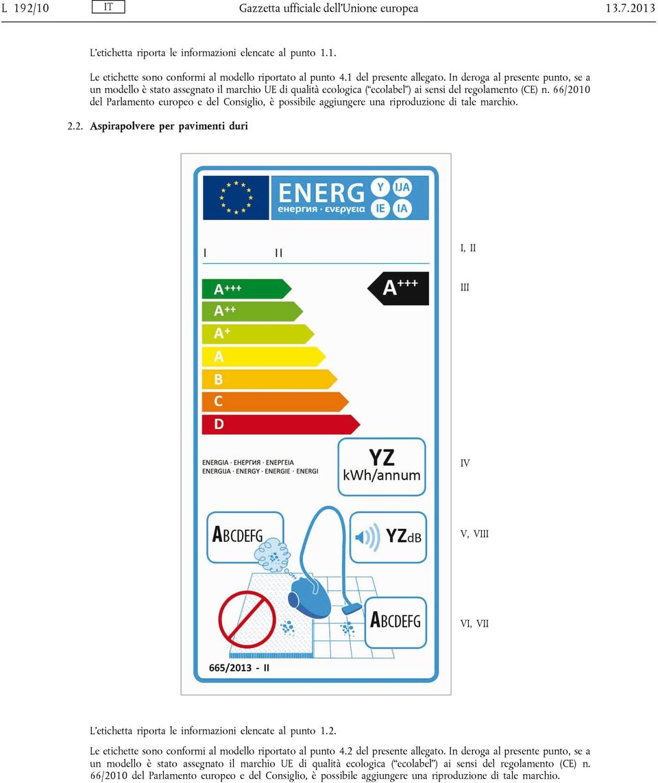 66/2010 del Parlamento europeo e del Consiglio, è possibile aggiungere una riproduzione di tale marchio. 2.2. Aspirapolvere per pavimenti duri L etichetta riporta le informazioni elencate al punto 1.