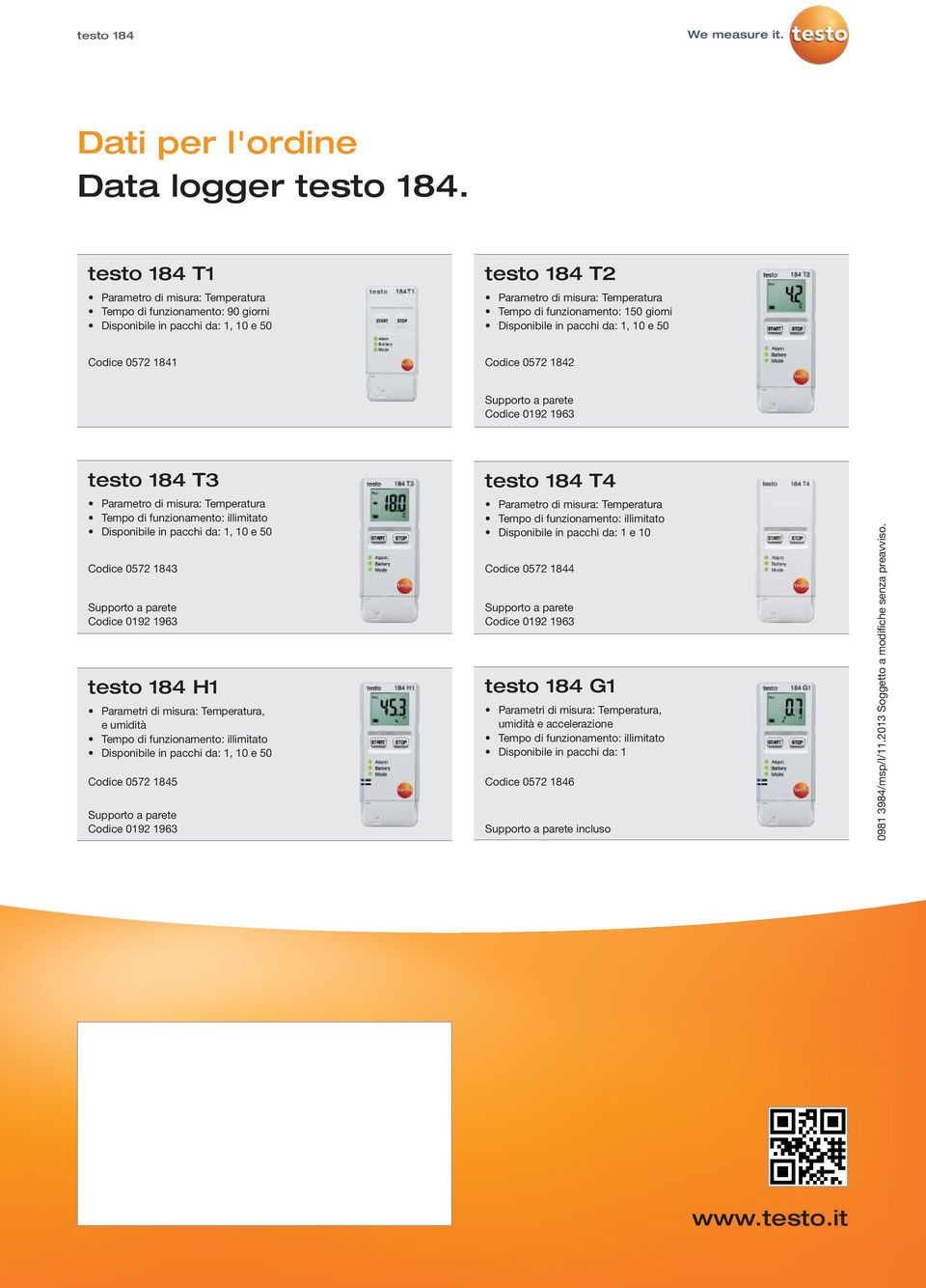 Disponibile in pacchi da: 1, 10 e 50 Codice 0572 1841 Codice 0572 1842 Supporto a parete Codice 0192 1963 testo 184 T3 Parametro di misura: Temperatura Tempo di funzionamento: illimitato Disponibile