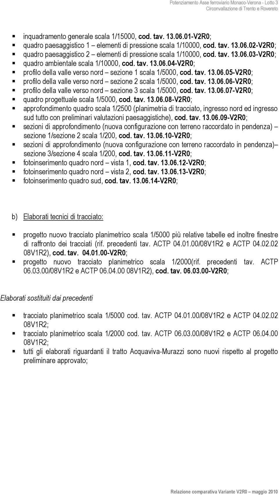 tav. 13.06.06-V2R0; profilo della valle verso nord sezione 3 scala 1/5000, cod. tav. 13.06.07-V2R0; quadro progettuale scala 1/5000, cod. tav. 13.06.08-V2R0; approfondimento quadro scala 1/2500 (planimetria di tracciato, ingresso nord ed ingresso sud tutto con preliminari valutazioni paesaggistiche), cod.