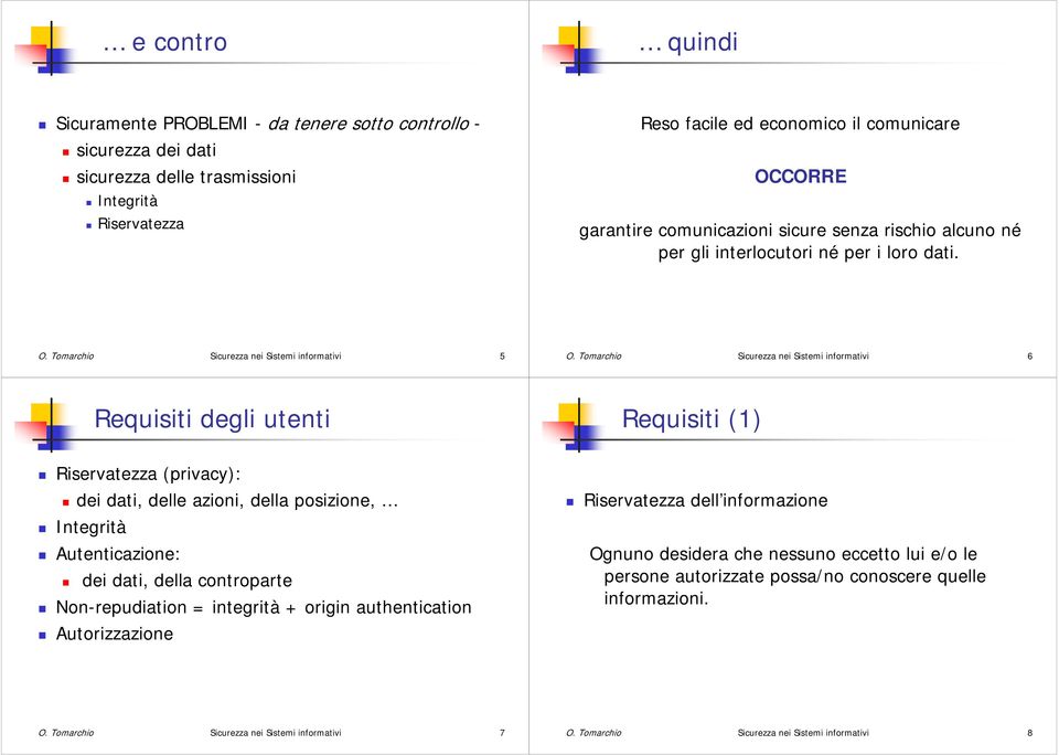 Tomarchio Sicurezza nei Sistemi informativi 6 Requisiti degli utenti Requisiti (1) Riservatezza (privacy): dei dati, delle azioni, della posizione, Integrità Autenticazione: dei dati, della