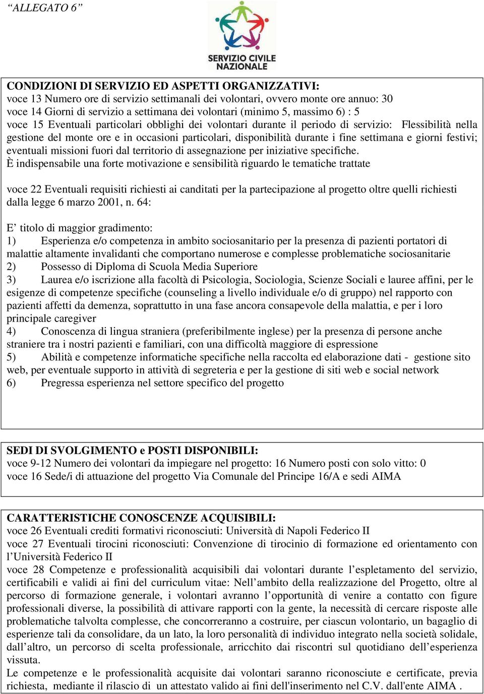 settimana e giorni festivi; eventuali missioni fuori dal territorio di assegnazione per iniziative specifiche.