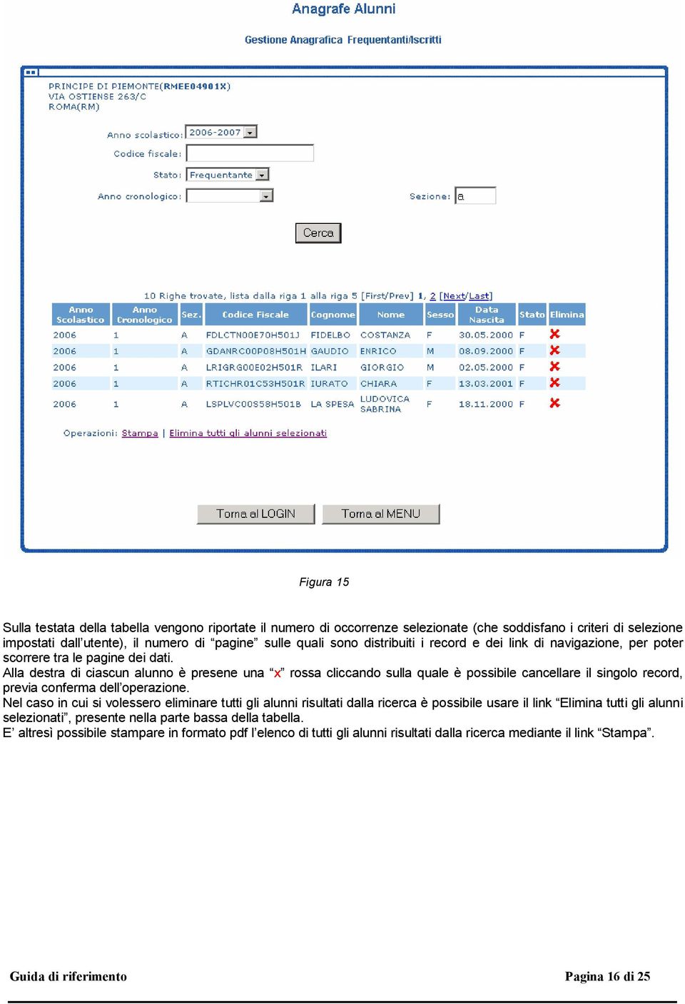 Alla destra di ciascun alunno è presene una x rossa cliccando sulla quale è possibile cancellare il singolo record, previa conferma dell operazione.