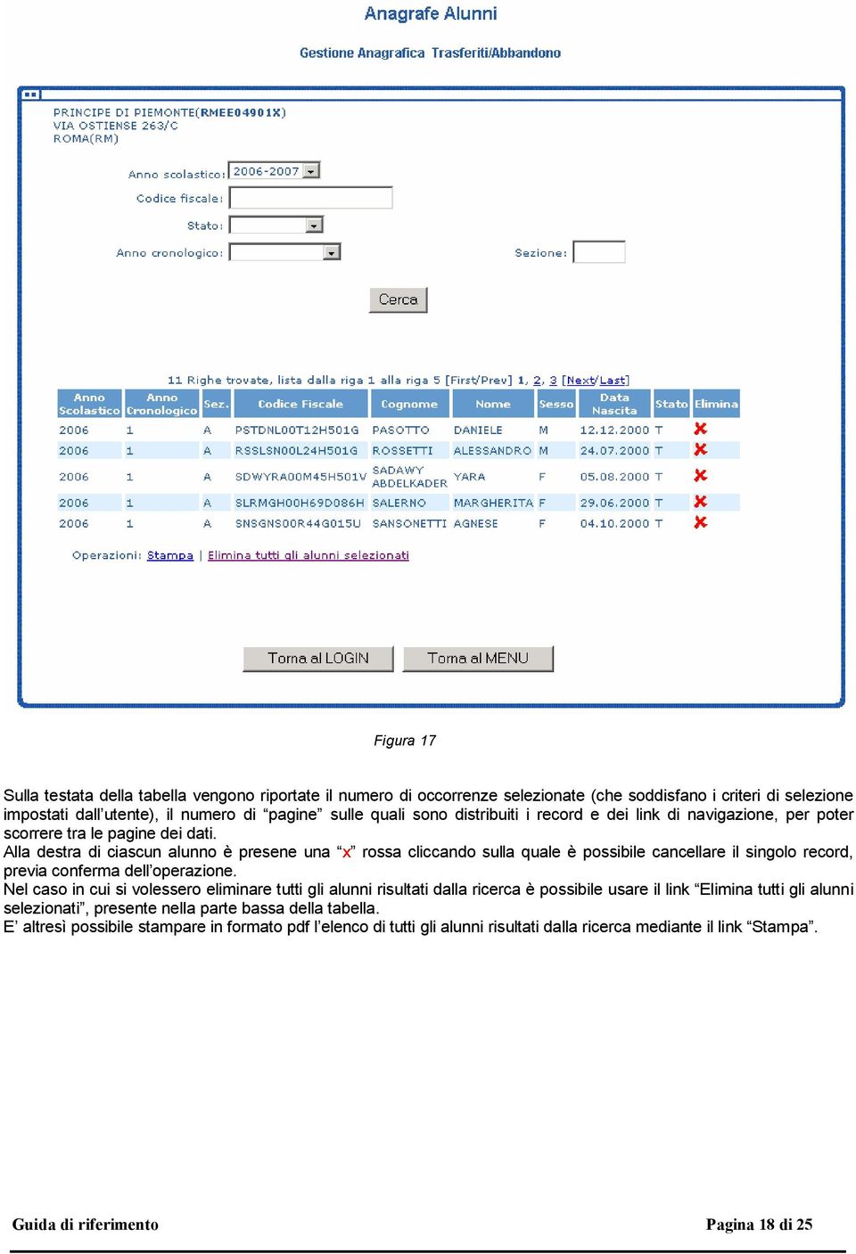 Alla destra di ciascun alunno è presene una x rossa cliccando sulla quale è possibile cancellare il singolo record, previa conferma dell operazione.