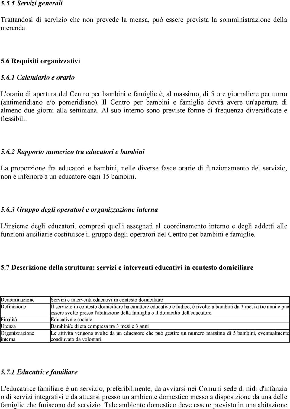 Il Centro per bambini e famiglie dovrà avere un'apertura di almeno due giorni alla settimana. Al suo interno sono previste forme di frequenza diversificate e flessibili. 5.6.