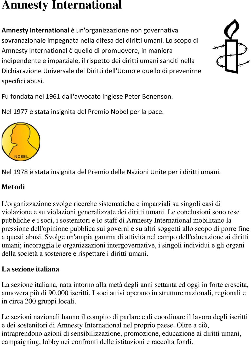 prevenirne specifici abusi. Fu fondata nel 1961 dall'avvocato inglese Peter Benenson. Nel 1977 è stata insignita del Premio Nobel per la pace.