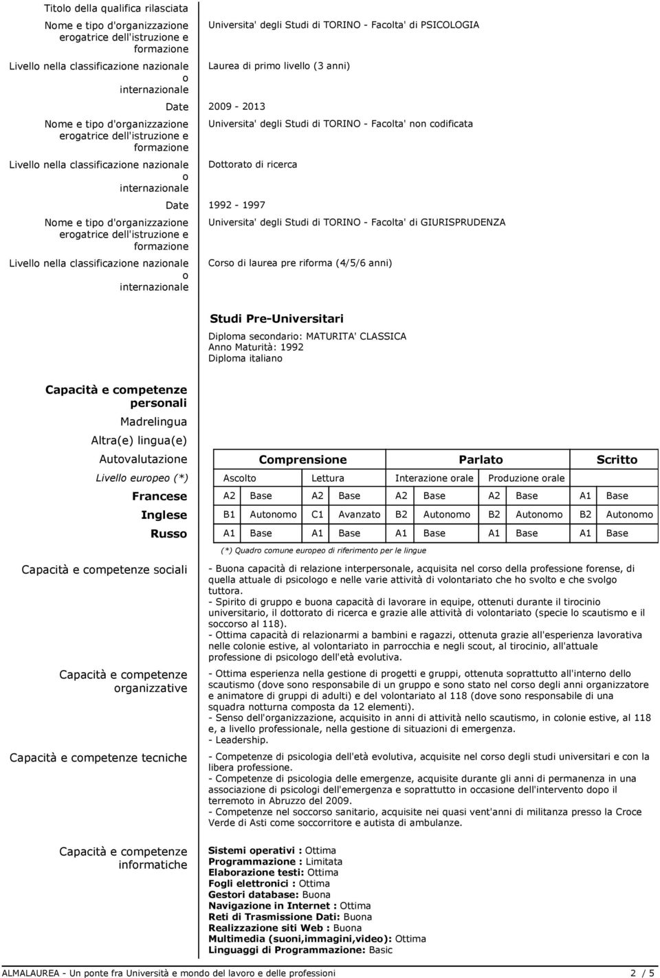 Faclta' nn cdificata Dttrat di ricerca Date 1992-1997 Universita' degli Studi di IN - Faclta' di GIUISPUDENZA Crs di laurea pre rifrma (4/5/6 anni) Studi Pre-Universitari Diplma secndari: MAUIA'