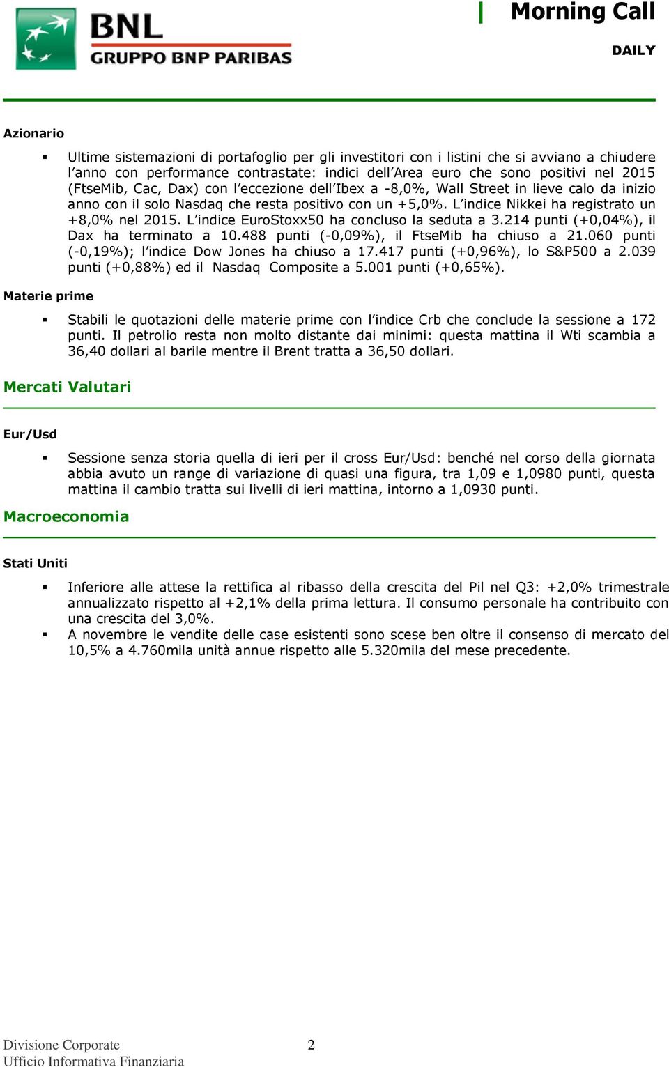 L indice EuroStoxx50 ha concluso la seduta a 3.214 punti (+0,04%), il Dax ha terminato a 10.488 punti (-0,09%), il FtseMib ha chiuso a 21.060 punti (-0,19%); l indice Dow Jones ha chiuso a 17.