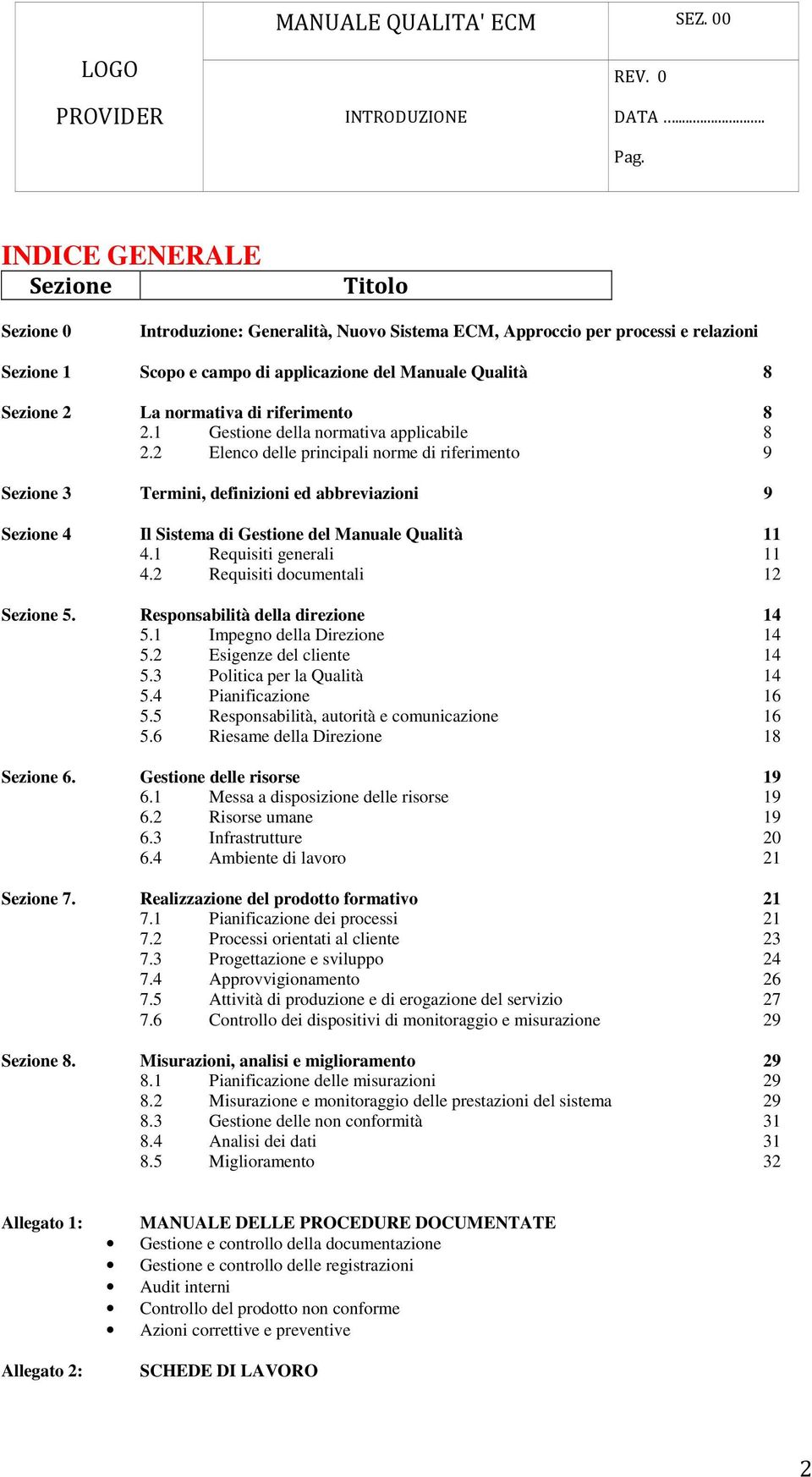 2 Elenco delle principali norme di riferimento 9 Sezione 3 Termini, definizioni ed abbreviazioni 9 Sezione 4 Il Sistema di Gestione del Manuale Qualità 11 4.1 Requisiti generali 11 4.