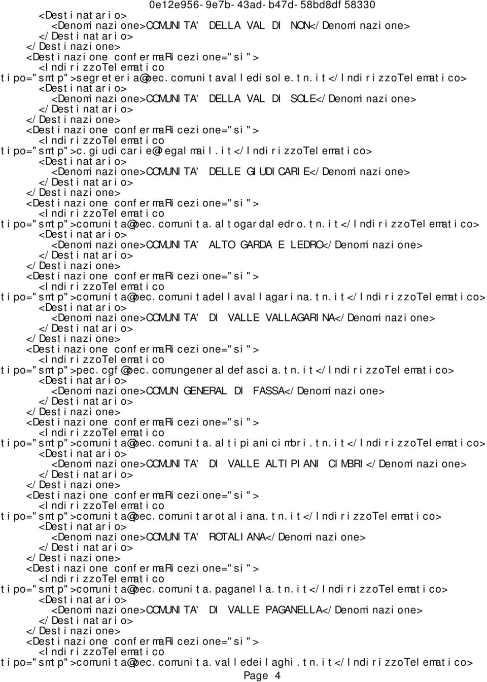 it</indirizzotelematico> <Denominazione>COMUNITA' DELLE GIUDICARIE</Denominazione> tipo="smtp">comunita@pec.comunita.altogardaledro.tn.