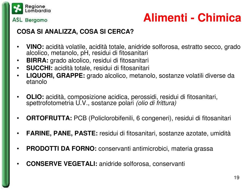 fitosanitari SUCCHI: acidità totale, residui di fitosanitari LIQUORI, GRAPPE: grado alcolico, metanolo, sostanze volatili diverse da etanolo OLIO: acidità, composizione acidica,