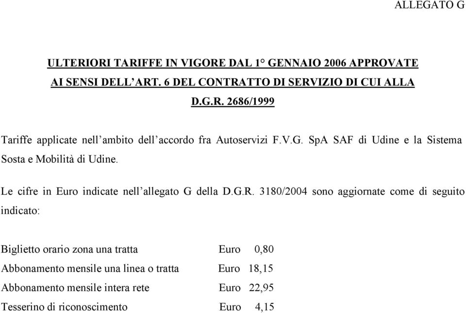 3180/2004 sono aggiornate come di seguito indicato: Biglietto orario zona una tratta Euro 0,80 Abbonamento mensile una linea o tratta