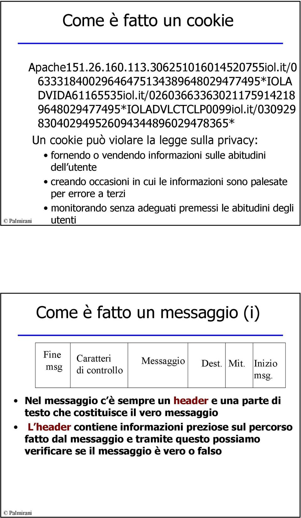 palesate per errore a terzi monitorando senza adeguati premessi le abitudini degli utenti Come è fatto un messaggio (i) Fine msg Caratteri di controllo Messaggio Dest. Mit. Inizio msg.