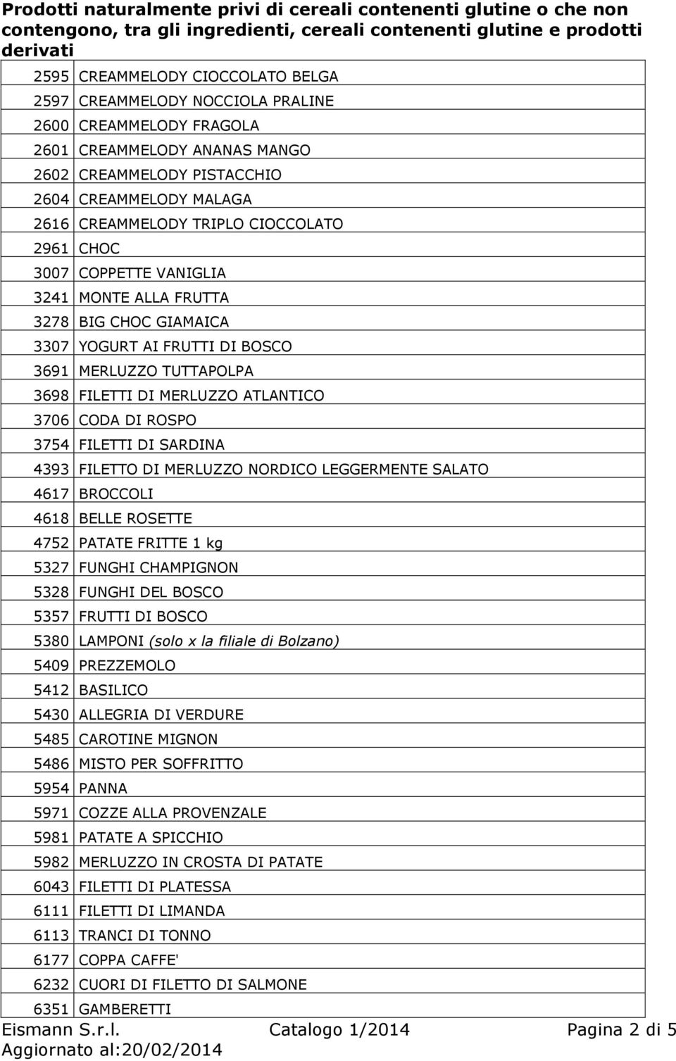 3754 FILETTI DI SARDINA 4393 FILETTO DI MERLUZZO NORDICO LEGGERMENTE SALATO 4617 BROCCOLI 4618 BELLE ROSETTE 4752 PATATE FRITTE 1 kg 5327 FUNGHI CHAMPIGNON 5328 FUNGHI DEL BOSCO 5357 FRUTTI DI BOSCO