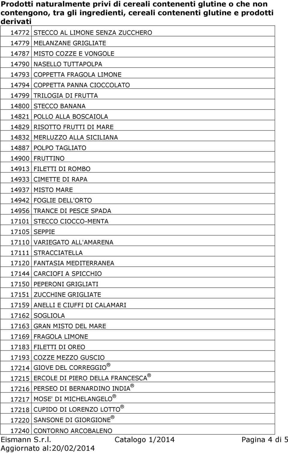 MISTO MARE 14942 FOGLIE DELL'ORTO 14956 TRANCE DI PESCE SPADA 17101 STECCO CIOCCO-MENTA 17105 SEPPIE 17110 VARIEGATO ALL'AMARENA 17111 STRACCIATELLA 17120 FANTASIA MEDITERRANEA 17144 CARCIOFI A