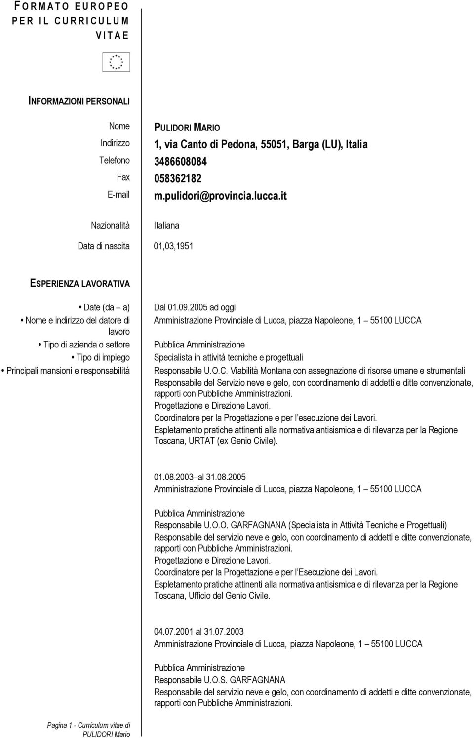 it Nazionalità Italiana Data di nascita 01,03,1951 ESPERIENZA LAVORATIVA Date (da a) Nome e indirizzo del datore di lavoro Tipo di azienda o settore Tipo di impiego Principali mansioni e