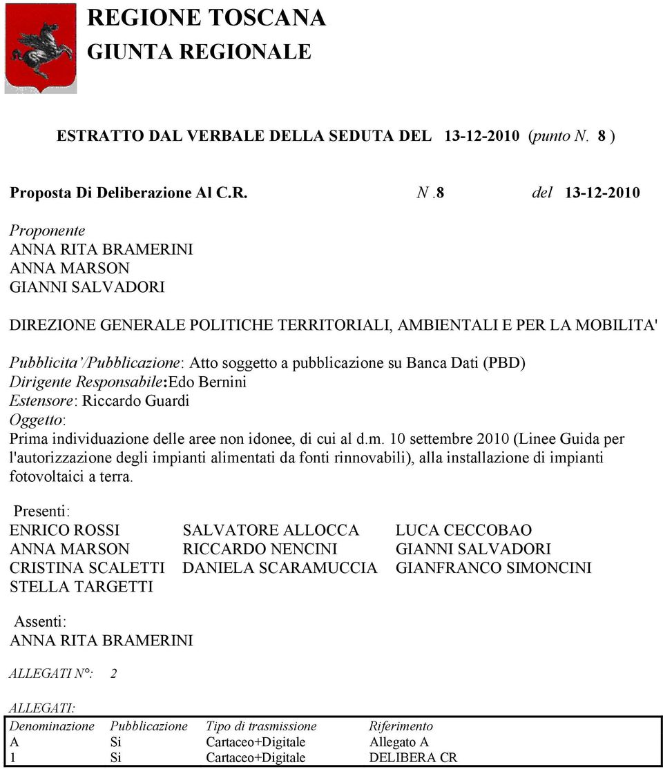 8 del 13-12-2010 Proponente ANNA RITA BRAMERINI ANNA MARSON GIANNI SALVADORI DIREZIONE GENERALE POLITICHE TERRITORIALI, AMBIENTALI E PER LA MOBILITA' Pubblicita /Pubblicazione: Atto soggetto a