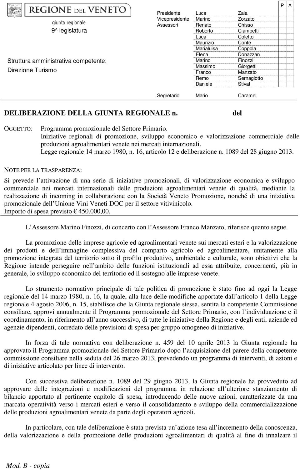 del OGGETTO: Programma promozionale del Settore Primario.