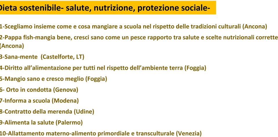 Diritto all alimentazione per tutti nel rispetto dell ambiente terra (Foggia) Mangio sano e cresco meglio (Foggia) Orto in condotta (Genova)