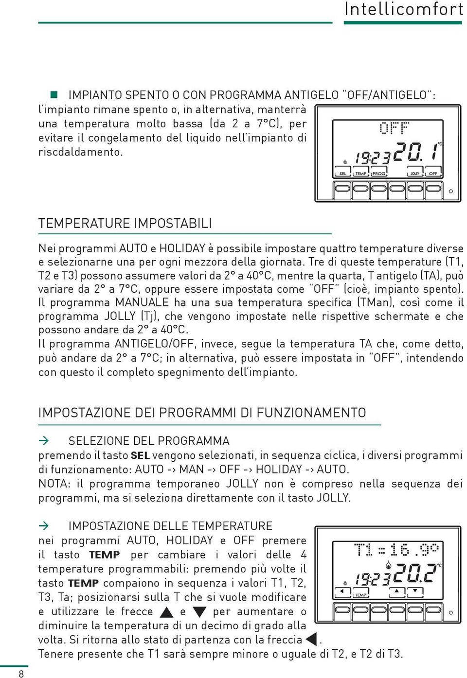 Tre di queste temperature (T1, T2 e T3) possono assumere valori da 2 a 40 C, mentre la quarta, T antigelo (TA), può variare da 2 a 7 C, oppure essere impostata come OFF (cioè, impianto spento).