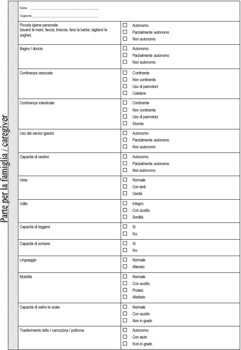 salire le scale Trasferimento letto / carrozzina / poltrona n autonomo n autonomo Continente n continente Uso di pannoloni Catetere Continente n