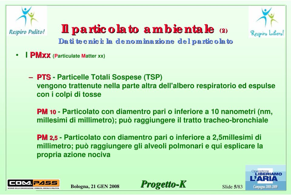 pari o inferiore a 10 nanometri (nm, millesimi di millimetro); può raggiungere il tratto tracheo-bronchiale PM 2,5 PM 2,5 - Particolato con