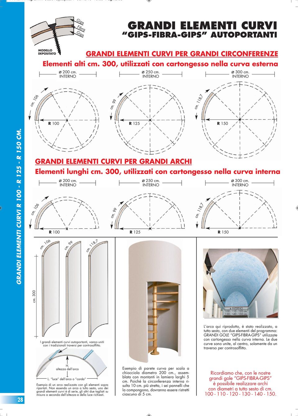 GRANDI ELEMENTI CURVI PER GRANDI ARCHI Elementi lunghi cm., utilizzati con cartongesso nella curva interna cm. 6 cm. 6 ø 200 cm. INTERNO cm. 99 ø 250 cm. INTERNO R 0 R 125 R 150 cm. 99 cm. 118,7 cm.