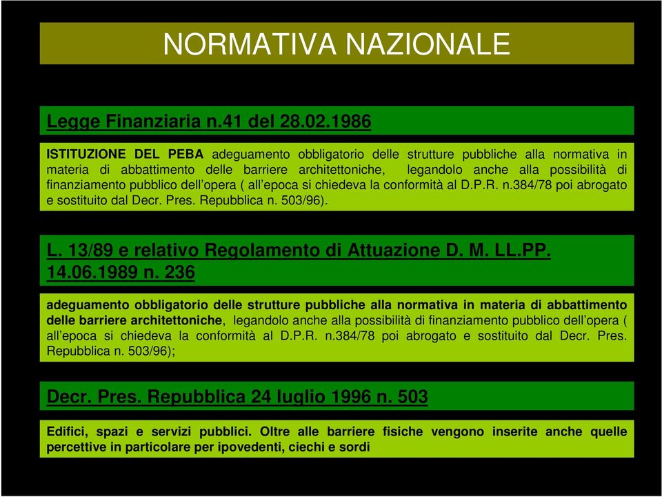 finanziamento pubblico dell opera ( all epoca si chiedeva la conformità al D.P.R. n.384/78 poi abrogato e sostituito dal Decr. Pres. Repubblica n. 503/96). L.