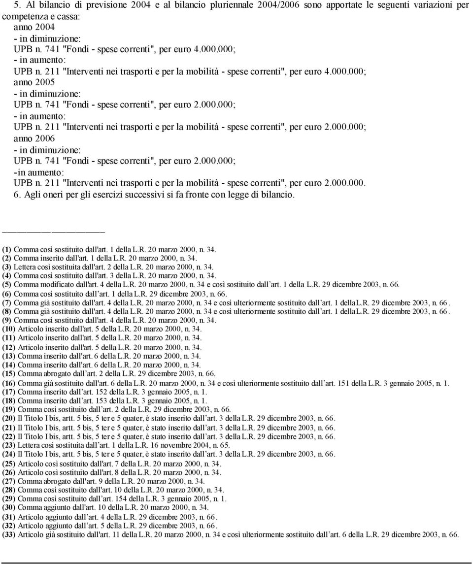 741 "Fondi - spese correnti", per euro 2.000.000; - in aumento: UPB n. 211 "Interventi nei trasporti e per la mobilità - spese correnti", per euro 2.000.000; anno 2006 - in diminuzione: UPB n.