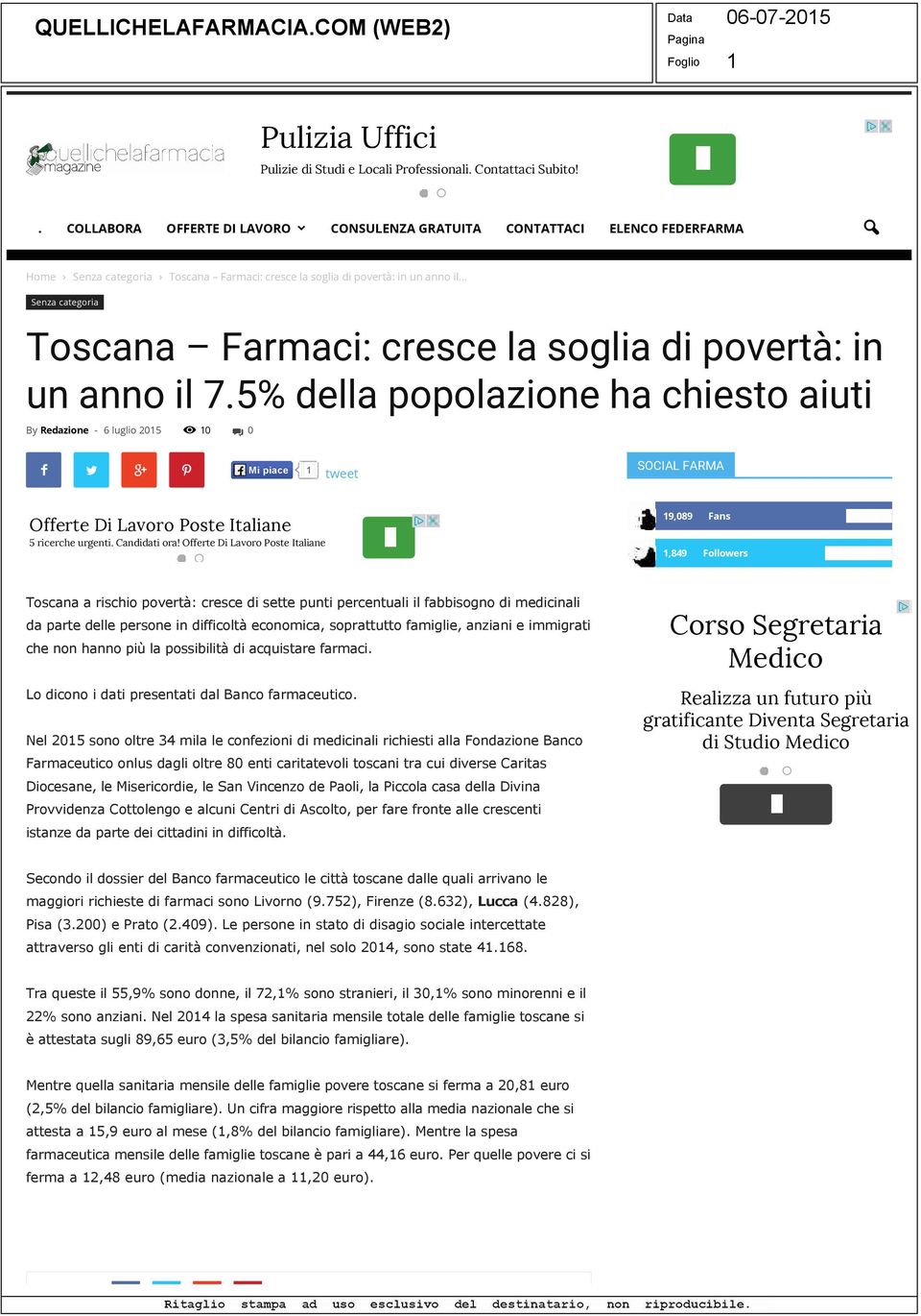 .. Senza categoria Toscana Farmaci: cresce la soglia di povertà: in un anno il 7.