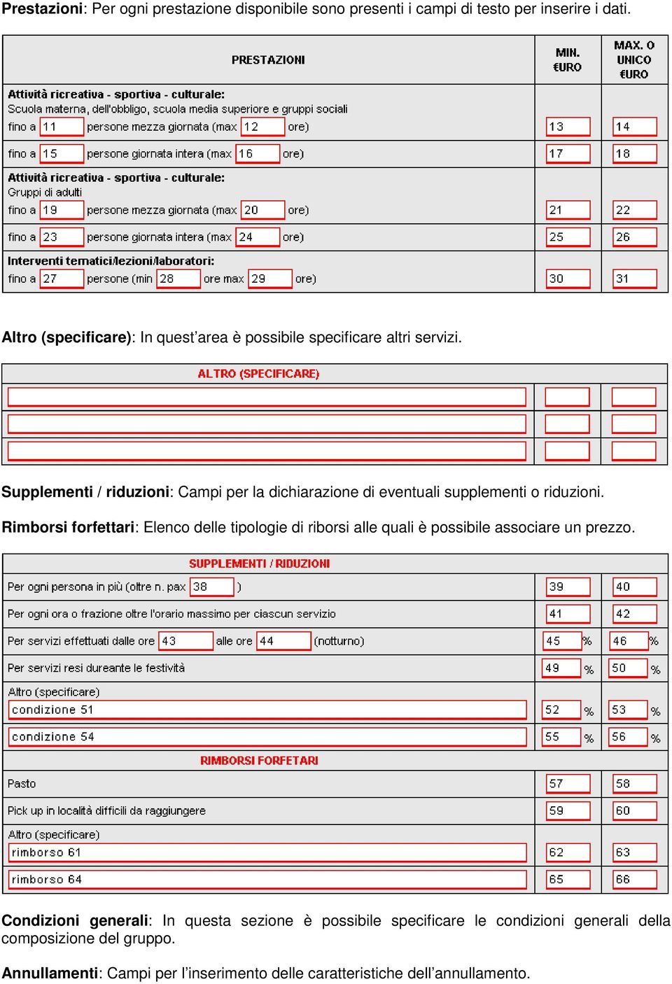 Supplementi / riduzioni: Campi per la dichiarazione di eventuali supplementi o riduzioni.