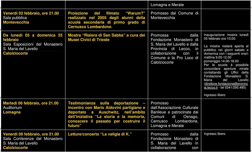 Provincia, in collaborazione con il Comune e la Pro Loco di Inaugurazione mostra lunedì 05 febbraio ore 10.00.