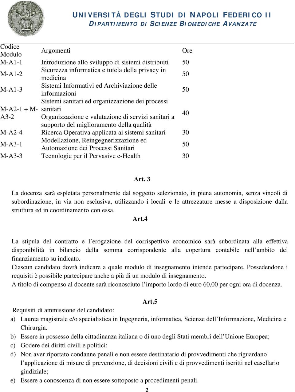 Ricerca Operativa applicata ai sistemi sanitari 30 M-A3-1 Modellazione, Reingegnerizzazione ed Automazione dei Processi Sanitari 50 M-A3-3 Tecnologie per il Pervasive e-health 30 Art.