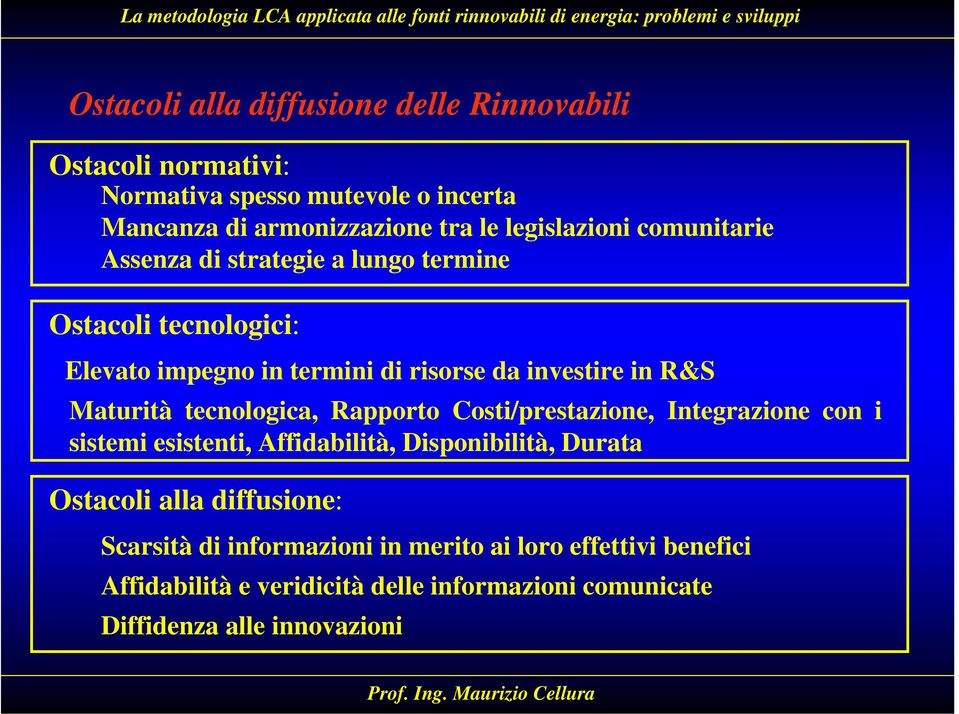 Maturità tecnologica, Rapporto Costi/prestazione, Integrazione con i sistemi esistenti, Affidabilità, Disponibilità, Durata Ostacoli alla