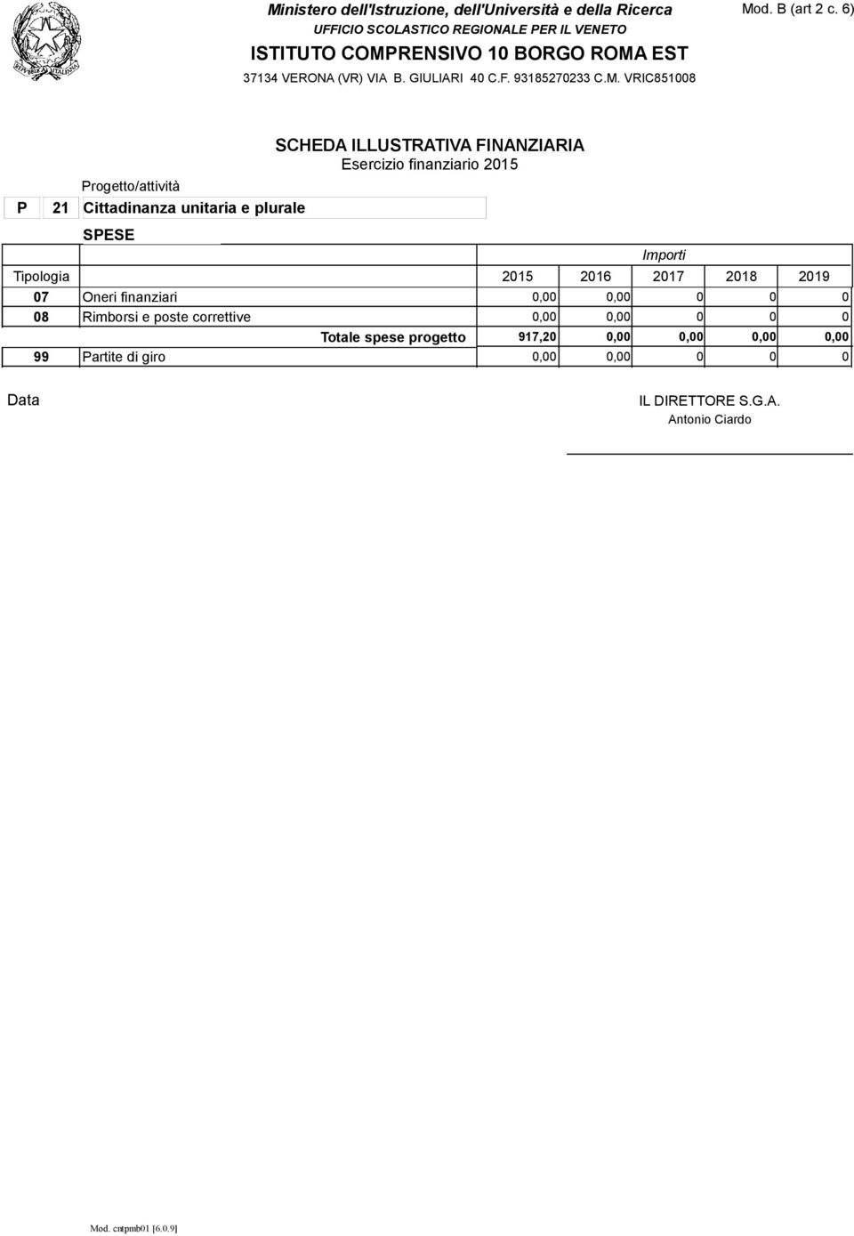 VRIC8518 P 21 Cittadinanza unitaria e plurale Esercizio finanziario 215 Tipologia 215