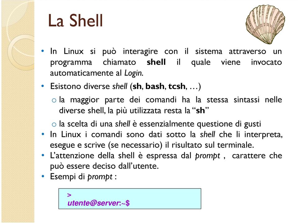 olasceltadiunashellèessenzialmentequestionedigusti In Linux i comandi sono dati sotto lashell che li interpreta, esegue e scrive(se necessario) il