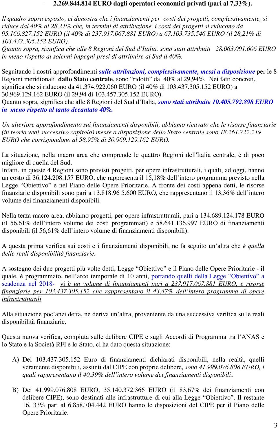 166.827.152 EURO (il 40% di 237.917.067.881 EURO) a 67.103.735.546 EURO (il 28,21% di 103.437.305.152 EURO). Quanto sopra, significa che alle 8 Regioni del Sud d Italia, sono stati attribuiti 28.063.