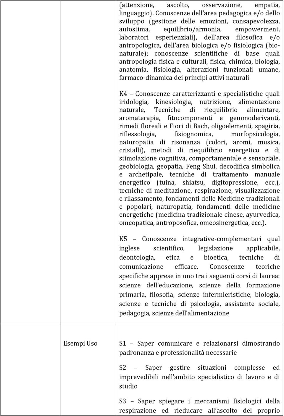 antropologica, dell area biologica e/o fisiologica (bio- naturale); conoscenze scientifiche di base quali antropologia fisica e culturali, fisica, chimica, biologia, anatomia, fisiologia, alterazioni