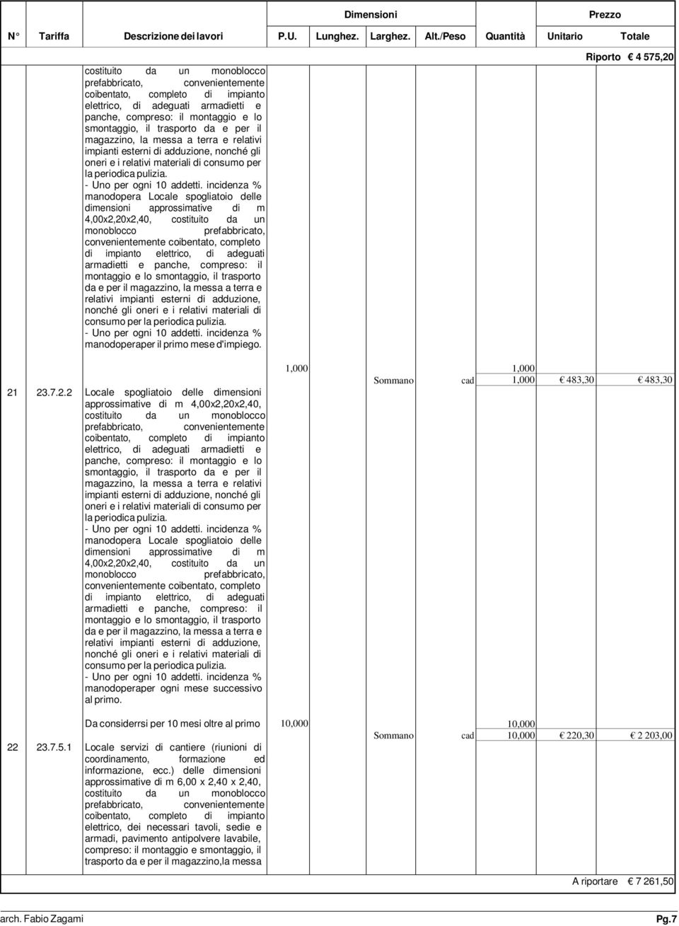 incidenza % manodopera Locale spogliatoio delle dimensioni approssimative di m 4,00x2,20x2,40, costituito da un monoblocco prefabbricato, convenientemente coibentato, completo di impianto   incidenza