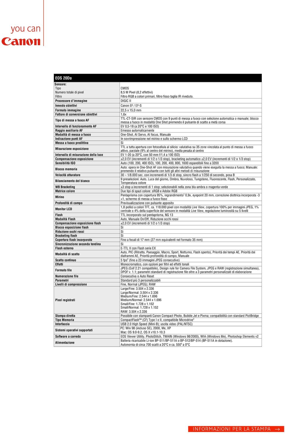 DIGIC II Canon EF / EF-S 22,5 x 15,0 mm Fattore di conversione obiettivi 1,6x Tipo di messa a fuoco AF TTL-CT-SIR con sensore CMOS con 9 punti di messa a fuoco con selezione automatica o manuale;